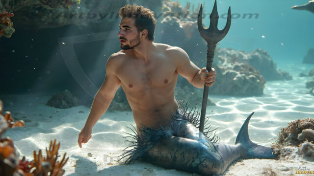 AI-generated HD photos featuring Mermen, The Warriors of the Sea. A collection of over 1,000 AI generated photo images of Mermen Warriors. Shirtless men from all age groups, with slim builds to hot and sexy, muscular body types, and from teenaged boys, to young men, to the handsome Elders. Merman warriors rising from a whirlpool, with a trident in hand, set against a stormy backdrop with dramatic lighting. Vibrant coral reefs, with detailed underwater scenes, highly realistic, with obsidian scales, that shimmer in the sunlight.