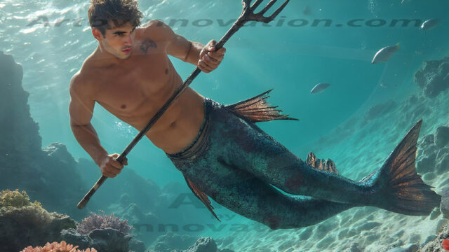 AI-generated HD photos featuring Mermen, The Warriors of the Sea. A collection of over 1,000 AI generated photo images of Mermen Warriors. Shirtless men from all age groups, with slim builds to hot and sexy, muscular body types, and from teenaged boys, to young men, to the handsome Elders. Merman warriors rising from a whirlpool, with a trident in hand, set against a stormy backdrop with dramatic lighting. Vibrant coral reefs, with detailed underwater scenes, highly realistic, with obsidian scales, that shimmer in the sunlight.