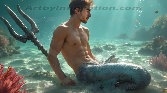 AI-generated HD photos featuring Mermen, The Warriors of the Sea. A collection of over 1,000 AI generated photo images of Mermen Warriors. Shirtless men from all age groups, with slim builds to hot and sexy, muscular body types, and from teenaged boys, to young men, to the handsome Elders. Merman warriors rising from a whirlpool, with a trident in hand, set against a stormy backdrop with dramatic lighting. Vibrant coral reefs, with detailed underwater scenes, highly realistic, with obsidian scales, that shimmer in the sunlight.