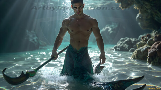 AI-generated HD photos featuring Mermen, The Warriors of the Sea. A collection of over 1,000 AI generated photo images of Mermen Warriors. Shirtless men from all age groups, with slim builds to hot and sexy, muscular body types, and from teenaged boys, to young men, to the handsome Elders. Merman warriors rising from a whirlpool, with a trident in hand, set against a stormy backdrop with dramatic lighting. Vibrant coral reefs, with detailed underwater scenes, highly realistic, with obsidian scales, that shimmer in the sunlight.