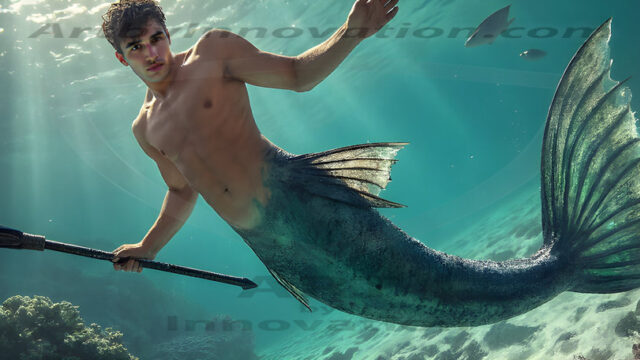 AI-generated HD photos featuring Mermen, The Warriors of the Sea. A collection of over 1,000 AI generated photo images of Mermen Warriors. Shirtless men from all age groups, with slim builds to hot and sexy, muscular body types, and from teenaged boys, to young men, to the handsome Elders. Merman warriors rising from a whirlpool, with a trident in hand, set against a stormy backdrop with dramatic lighting. Vibrant coral reefs, with detailed underwater scenes, highly realistic, with obsidian scales, that shimmer in the sunlight.