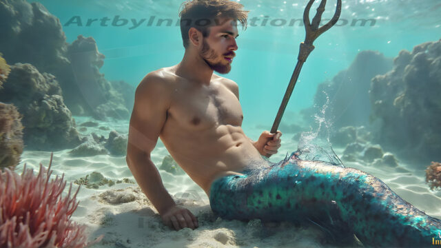 AI-generated HD photos featuring Mermen, The Warriors of the Sea. A collection of over 1,000 AI generated photo images of Mermen Warriors. Shirtless men from all age groups, with slim builds to hot and sexy, muscular body types, and from teenaged boys, to young men, to the handsome Elders. Merman warriors rising from a whirlpool, with a trident in hand, set against a stormy backdrop with dramatic lighting. Vibrant coral reefs, with detailed underwater scenes, highly realistic, with obsidian scales, that shimmer in the sunlight.