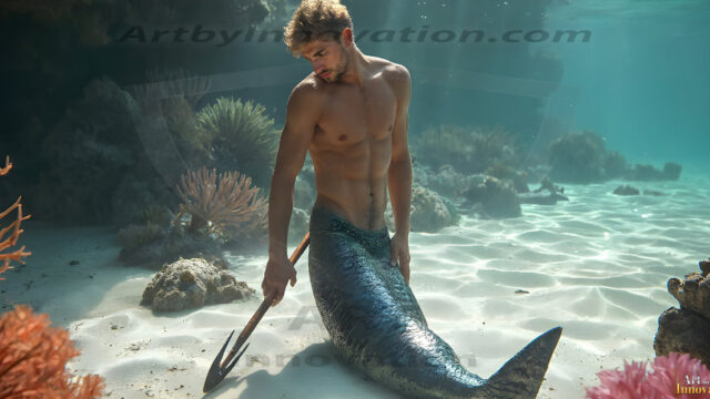 AI-generated HD photos featuring Mermen, The Warriors of the Sea. A collection of over 1,000 AI generated photo images of Mermen Warriors. Shirtless men from all age groups, with slim builds to hot and sexy, muscular body types, and from teenaged boys, to young men, to the handsome Elders. Merman warriors rising from a whirlpool, with a trident in hand, set against a stormy backdrop with dramatic lighting. Vibrant coral reefs, with detailed underwater scenes, highly realistic, with obsidian scales, that shimmer in the sunlight.
