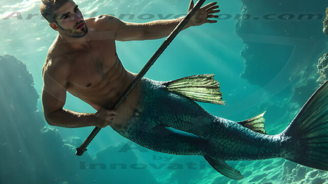 AI-generated HD photos featuring Mermen, The Warriors of the Sea. A collection of over 1,000 AI generated photo images of Mermen Warriors. Shirtless men from all age groups, with slim builds to hot and sexy, muscular body types, and from teenaged boys, to young men, to the handsome Elders. Merman warriors rising from a whirlpool, with a trident in hand, set against a stormy backdrop with dramatic lighting. Vibrant coral reefs, with detailed underwater scenes, highly realistic, with obsidian scales, that shimmer in the sunlight.