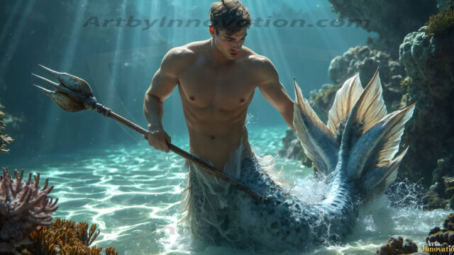 AI-generated HD photos featuring Mermen, The Warriors of the Sea. A collection of over 1,000 AI generated photo images of Mermen Warriors. Shirtless men from all age groups, with slim builds to hot and sexy, muscular body types, and from teenaged boys, to young men, to the handsome Elders. Merman warriors rising from a whirlpool, with a trident in hand, set against a stormy backdrop with dramatic lighting. Vibrant coral reefs, with detailed underwater scenes, highly realistic, with obsidian scales, that shimmer in the sunlight.