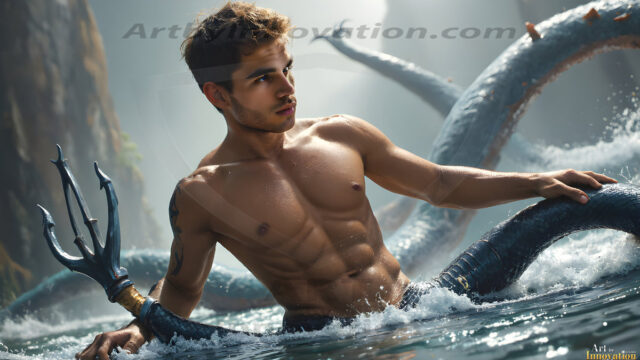 AI-generated HD photos featuring Mermen, The Warriors of the Sea. A collection of over 1,000 AI generated photo images of Mermen Warriors. Shirtless men from all age groups, with slim builds to hot and sexy, muscular body types, and from teenaged boys, to young men, to the handsome Elders. Merman warriors rising from a whirlpool, with a trident in hand, set against a stormy backdrop with dramatic lighting. Vibrant coral reefs, with detailed underwater scenes, highly realistic, with obsidian scales, that shimmer in the sunlight.