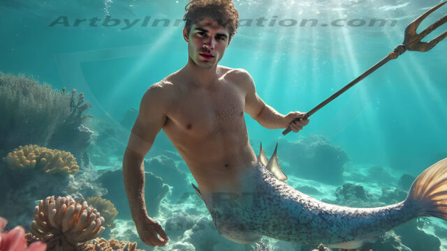 AI-generated HD photos featuring Mermen, The Warriors of the Sea. A collection of over 1,000 AI generated photo images of Mermen Warriors. Shirtless men from all age groups, with slim builds to hot and sexy, muscular body types, and from teenaged boys, to young men, to the handsome Elders. Merman warriors rising from a whirlpool, with a trident in hand, set against a stormy backdrop with dramatic lighting. Vibrant coral reefs, with detailed underwater scenes, highly realistic, with obsidian scales, that shimmer in the sunlight.