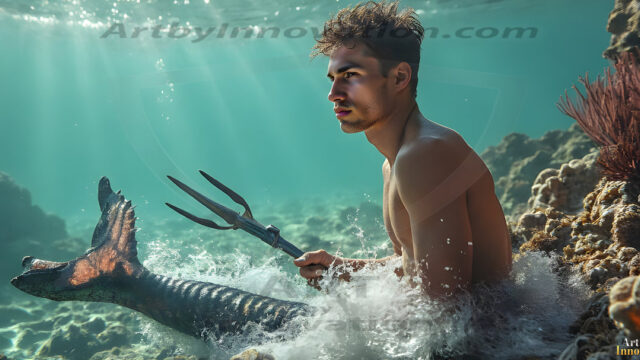 AI-generated HD photos featuring Mermen, The Warriors of the Sea. A collection of over 1,000 AI generated photo images of Mermen Warriors. Shirtless men from all age groups, with slim builds to hot and sexy, muscular body types, and from teenaged boys, to young men, to the handsome Elders. Merman warriors rising from a whirlpool, with a trident in hand, set against a stormy backdrop with dramatic lighting. Vibrant coral reefs, with detailed underwater scenes, highly realistic, with obsidian scales, that shimmer in the sunlight.