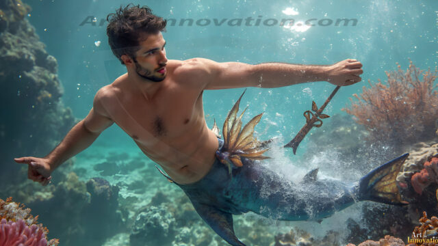 AI-generated HD photos featuring Mermen, The Warriors of the Sea. A collection of over 1,000 AI generated photo images of Mermen Warriors. Shirtless men from all age groups, with slim builds to hot and sexy, muscular body types, and from teenaged boys, to young men, to the handsome Elders. Merman warriors rising from a whirlpool, with a trident in hand, set against a stormy backdrop with dramatic lighting. Vibrant coral reefs, with detailed underwater scenes, highly realistic, with obsidian scales, that shimmer in the sunlight.