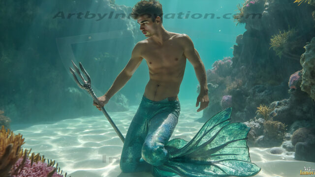 AI-generated HD photos featuring Mermen, The Warriors of the Sea. A collection of over 1,000 AI generated photo images of Mermen Warriors. Shirtless men from all age groups, with slim builds to hot and sexy, muscular body types, and from teenaged boys, to young men, to the handsome Elders. Merman warriors rising from a whirlpool, with a trident in hand, set against a stormy backdrop with dramatic lighting. Vibrant coral reefs, with detailed underwater scenes, highly realistic, with obsidian scales, that shimmer in the sunlight.