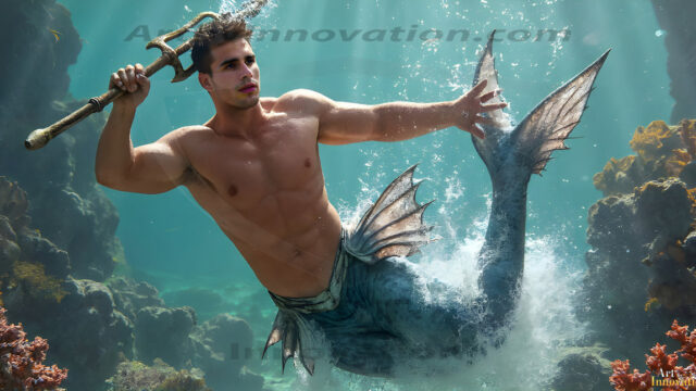 AI-generated HD photos featuring Mermen, The Warriors of the Sea. A collection of over 1,000 AI generated photo images of Mermen Warriors. Shirtless men from all age groups, with slim builds to hot and sexy, muscular body types, and from teenaged boys, to young men, to the handsome Elders. Merman warriors rising from a whirlpool, with a trident in hand, set against a stormy backdrop with dramatic lighting. Vibrant coral reefs, with detailed underwater scenes, highly realistic, with obsidian scales, that shimmer in the sunlight.