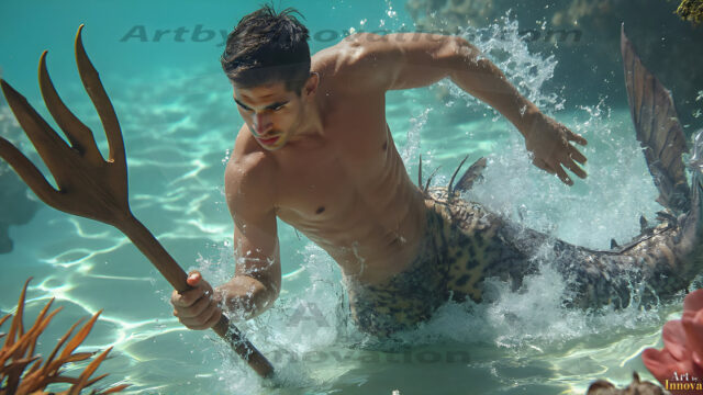 AI-generated HD photos featuring Mermen, The Warriors of the Sea. A collection of over 1,000 AI generated photo images of Mermen Warriors. Shirtless men from all age groups, with slim builds to hot and sexy, muscular body types, and from teenaged boys, to young men, to the handsome Elders. Merman warriors rising from a whirlpool, with a trident in hand, set against a stormy backdrop with dramatic lighting. Vibrant coral reefs, with detailed underwater scenes, highly realistic, with obsidian scales, that shimmer in the sunlight.
