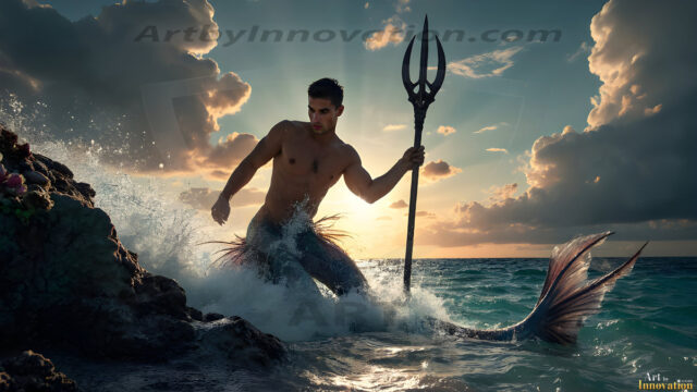 AI-generated HD photos featuring Mermen, The Warriors of the Sea. A collection of over 1,000 AI generated photo images of Mermen Warriors. Shirtless men from all age groups, with slim builds to hot and sexy, muscular body types, and from teenaged boys, to young men, to the handsome Elders. Merman warriors rising from a whirlpool, with a trident in hand, set against a stormy backdrop with dramatic lighting. Vibrant coral reefs, with detailed underwater scenes, highly realistic, with obsidian scales, that shimmer in the sunlight.