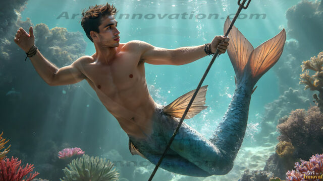 AI-generated HD photos featuring Mermen, The Warriors of the Sea. A collection of over 1,000 AI generated photo images of Mermen Warriors. Shirtless men from all age groups, with slim builds to hot and sexy, muscular body types, and from teenaged boys, to young men, to the handsome Elders. Merman warriors rising from a whirlpool, with a trident in hand, set against a stormy backdrop with dramatic lighting. Vibrant coral reefs, with detailed underwater scenes, highly realistic, with obsidian scales, that shimmer in the sunlight.
