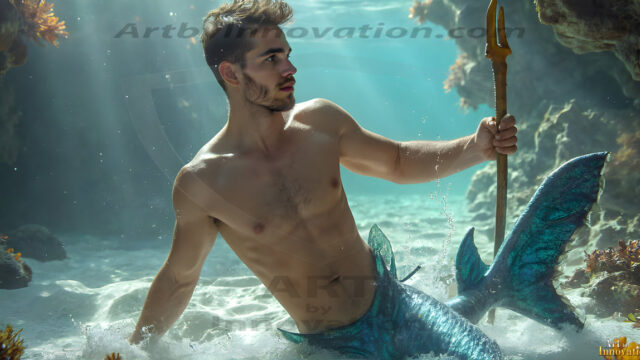AI-generated HD photos featuring Mermen, The Warriors of the Sea. A collection of over 1,000 AI generated photo images of Mermen Warriors. Shirtless men from all age groups, with slim builds to hot and sexy, muscular body types, and from teenaged boys, to young men, to the handsome Elders. Merman warriors rising from a whirlpool, with a trident in hand, set against a stormy backdrop with dramatic lighting. Vibrant coral reefs, with detailed underwater scenes, highly realistic, with obsidian scales, that shimmer in the sunlight.