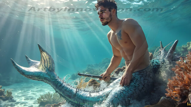 AI-generated HD photos featuring Mermen, The Warriors of the Sea. A collection of over 1,000 AI generated photo images of Mermen Warriors. Shirtless men from all age groups, with slim builds to hot and sexy, muscular body types, and from teenaged boys, to young men, to the handsome Elders. Merman warriors rising from a whirlpool, with a trident in hand, set against a stormy backdrop with dramatic lighting. Vibrant coral reefs, with detailed underwater scenes, highly realistic, with obsidian scales, that shimmer in the sunlight.