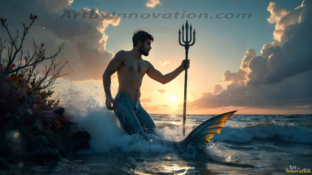 AI-generated HD photos featuring Mermen, The Warriors of the Sea. A collection of over 1,000 AI generated photo images of Mermen Warriors. Shirtless men from all age groups, with slim builds to hot and sexy, muscular body types, and from teenaged boys, to young men, to the handsome Elders. Merman warriors rising from a whirlpool, with a trident in hand, set against a stormy backdrop with dramatic lighting. Vibrant coral reefs, with detailed underwater scenes, highly realistic, with obsidian scales, that shimmer in the sunlight.