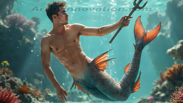 AI-generated HD photos featuring Mermen, The Warriors of the Sea. A collection of over 1,000 AI generated photo images of Mermen Warriors. Shirtless men from all age groups, with slim builds to hot and sexy, muscular body types, and from teenaged boys, to young men, to the handsome Elders. Merman warriors rising from a whirlpool, with a trident in hand, set against a stormy backdrop with dramatic lighting. Vibrant coral reefs, with detailed underwater scenes, highly realistic, with obsidian scales, that shimmer in the sunlight.