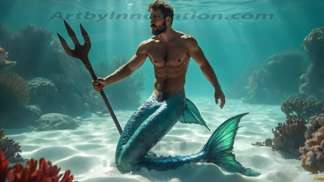 AI-generated HD photos featuring Mermen, The Warriors of the Sea. A collection of over 1,000 AI generated photo images of Mermen Warriors. Shirtless men from all age groups, with slim builds to hot and sexy, muscular body types, and from teenaged boys, to young men, to the handsome Elders. Merman warriors rising from a whirlpool, with a trident in hand, set against a stormy backdrop with dramatic lighting. Vibrant coral reefs, with detailed underwater scenes, highly realistic, with obsidian scales, that shimmer in the sunlight.