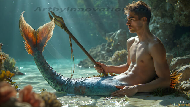 AI-generated HD photos featuring Mermen, The Warriors of the Sea. A collection of over 1,000 AI generated photo images of Mermen Warriors. Shirtless men from all age groups, with slim builds to hot and sexy, muscular body types, and from teenaged boys, to young men, to the handsome Elders. Merman warriors rising from a whirlpool, with a trident in hand, set against a stormy backdrop with dramatic lighting. Vibrant coral reefs, with detailed underwater scenes, highly realistic, with obsidian scales, that shimmer in the sunlight.