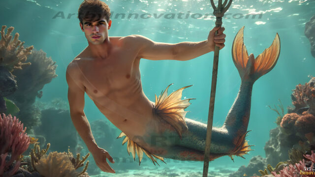AI-generated HD photos featuring Mermen, The Warriors of the Sea. A collection of over 1,000 AI generated photo images of Mermen Warriors. Shirtless men from all age groups, with slim builds to hot and sexy, muscular body types, and from teenaged boys, to young men, to the handsome Elders. Merman warriors rising from a whirlpool, with a trident in hand, set against a stormy backdrop with dramatic lighting. Vibrant coral reefs, with detailed underwater scenes, highly realistic, with obsidian scales, that shimmer in the sunlight.