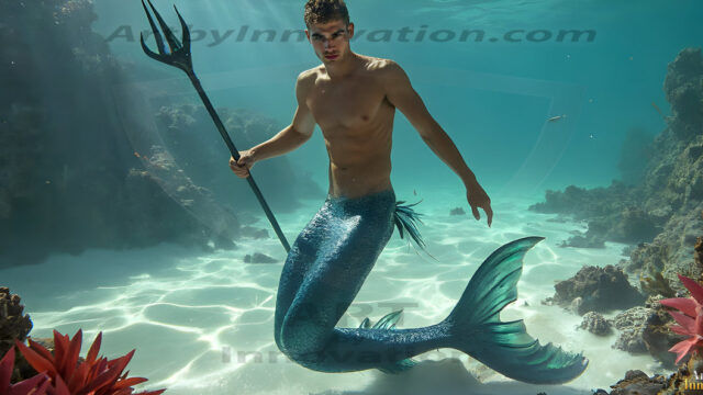 AI-generated HD photos featuring Mermen, The Warriors of the Sea. A collection of over 1,000 AI generated photo images of Mermen Warriors. Shirtless men from all age groups, with slim builds to hot and sexy, muscular body types, and from teenaged boys, to young men, to the handsome Elders. Merman warriors rising from a whirlpool, with a trident in hand, set against a stormy backdrop with dramatic lighting. Vibrant coral reefs, with detailed underwater scenes, highly realistic, with obsidian scales, that shimmer in the sunlight.