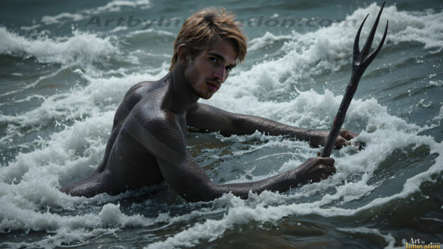 AI-generated HD photos featuring Mermen, The Warriors of the Sea. A collection of over 1,000 AI generated photo images of Mermen Warriors. Shirtless men from all age groups, with slim builds to hot and sexy, muscular body types, and from teenaged boys, to young men, to the handsome Elders. Merman warriors rising from a whirlpool, with a trident in hand, set against a stormy backdrop with dramatic lighting. Vibrant coral reefs, with detailed underwater scenes, highly realistic, with obsidian scales, that shimmer in the sunlight.