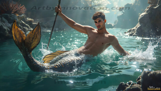 AI-generated HD photos featuring Mermen, The Warriors of the Sea. A collection of over 1,000 AI generated photo images of Mermen Warriors. Shirtless men from all age groups, with slim builds to hot and sexy, muscular body types, and from teenaged boys, to young men, to the handsome Elders. Merman warriors rising from a whirlpool, with a trident in hand, set against a stormy backdrop with dramatic lighting. Vibrant coral reefs, with detailed underwater scenes, highly realistic, with obsidian scales, that shimmer in the sunlight.