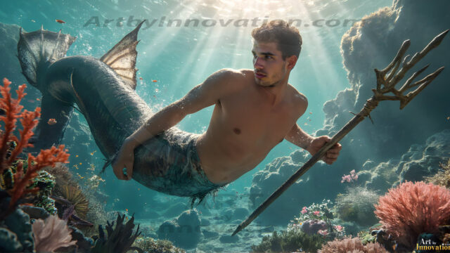AI-generated HD photos featuring Mermen, The Warriors of the Sea. A collection of over 1,000 AI generated photo images of Mermen Warriors. Shirtless men from all age groups, with slim builds to hot and sexy, muscular body types, and from teenaged boys, to young men, to the handsome Elders. Merman warriors rising from a whirlpool, with a trident in hand, set against a stormy backdrop with dramatic lighting. Vibrant coral reefs, with detailed underwater scenes, highly realistic, with obsidian scales, that shimmer in the sunlight.