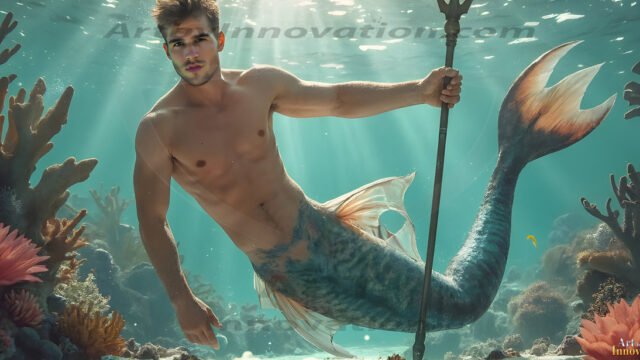 AI-generated HD photos featuring Mermen, The Warriors of the Sea. A collection of over 1,000 AI generated photo images of Mermen Warriors. Shirtless men from all age groups, with slim builds to hot and sexy, muscular body types, and from teenaged boys, to young men, to the handsome Elders. Merman warriors rising from a whirlpool, with a trident in hand, set against a stormy backdrop with dramatic lighting. Vibrant coral reefs, with detailed underwater scenes, highly realistic, with obsidian scales, that shimmer in the sunlight.