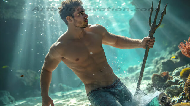 AI-generated HD photos featuring Mermen, The Warriors of the Sea. A collection of over 1,000 AI generated photo images of Mermen Warriors. Shirtless men from all age groups, with slim builds to hot and sexy, muscular body types, and from teenaged boys, to young men, to the handsome Elders. Merman warriors rising from a whirlpool, with a trident in hand, set against a stormy backdrop with dramatic lighting. Vibrant coral reefs, with detailed underwater scenes, highly realistic, with obsidian scales, that shimmer in the sunlight.