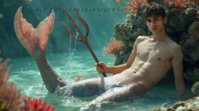 AI-generated HD photos featuring Mermen, The Warriors of the Sea. A collection of over 1,000 AI generated photo images of Mermen Warriors. Shirtless men from all age groups, with slim builds to hot and sexy, muscular body types, and from teenaged boys, to young men, to the handsome Elders. Merman warriors rising from a whirlpool, with a trident in hand, set against a stormy backdrop with dramatic lighting. Vibrant coral reefs, with detailed underwater scenes, highly realistic, with obsidian scales, that shimmer in the sunlight.