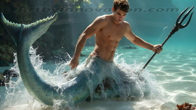 AI-generated HD photos featuring Mermen, The Warriors of the Sea. A collection of over 1,000 AI generated photo images of Mermen Warriors. Shirtless men from all age groups, with slim builds to hot and sexy, muscular body types, and from teenaged boys, to young men, to the handsome Elders. Merman warriors rising from a whirlpool, with a trident in hand, set against a stormy backdrop with dramatic lighting. Vibrant coral reefs, with detailed underwater scenes, highly realistic, with obsidian scales, that shimmer in the sunlight.