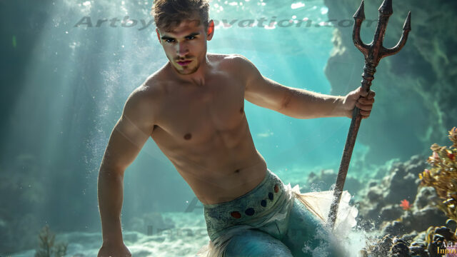 AI-generated HD photos featuring Mermen, The Warriors of the Sea. A collection of over 1,000 AI generated photo images of Mermen Warriors. Shirtless men from all age groups, with slim builds to hot and sexy, muscular body types, and from teenaged boys, to young men, to the handsome Elders. Merman warriors rising from a whirlpool, with a trident in hand, set against a stormy backdrop with dramatic lighting. Vibrant coral reefs, with detailed underwater scenes, highly realistic, with obsidian scales, that shimmer in the sunlight.