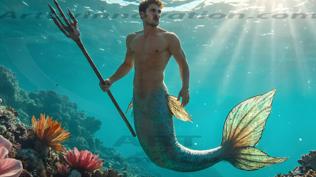 AI-generated HD photos featuring Mermen, The Warriors of the Sea. A collection of over 1,000 AI generated photo images of Mermen Warriors. Shirtless men from all age groups, with slim builds to hot and sexy, muscular body types, and from teenaged boys, to young men, to the handsome Elders. Merman warriors rising from a whirlpool, with a trident in hand, set against a stormy backdrop with dramatic lighting. Vibrant coral reefs, with detailed underwater scenes, highly realistic, with obsidian scales, that shimmer in the sunlight.