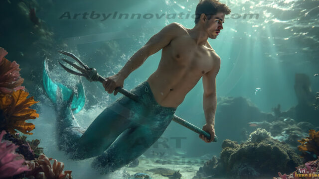 AI-generated HD photos featuring Mermen, The Warriors of the Sea. A collection of over 1,000 AI generated photo images of Mermen Warriors. Shirtless men from all age groups, with slim builds to hot and sexy, muscular body types, and from teenaged boys, to young men, to the handsome Elders. Merman warriors rising from a whirlpool, with a trident in hand, set against a stormy backdrop with dramatic lighting. Vibrant coral reefs, with detailed underwater scenes, highly realistic, with obsidian scales, that shimmer in the sunlight.
