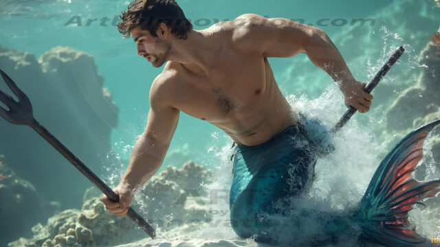 AI-generated HD photos featuring Mermen, The Warriors of the Sea. A collection of over 1,000 AI generated photo images of Mermen Warriors. Shirtless men from all age groups, with slim builds to hot and sexy, muscular body types, and from teenaged boys, to young men, to the handsome Elders. Merman warriors rising from a whirlpool, with a trident in hand, set against a stormy backdrop with dramatic lighting. Vibrant coral reefs, with detailed underwater scenes, highly realistic, with obsidian scales, that shimmer in the sunlight.