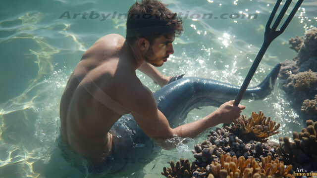 AI-generated HD photos featuring Mermen, The Warriors of the Sea. A collection of over 1,000 AI generated photo images of Mermen Warriors. Shirtless men from all age groups, with slim builds to hot and sexy, muscular body types, and from teenaged boys, to young men, to the handsome Elders. Merman warriors rising from a whirlpool, with a trident in hand, set against a stormy backdrop with dramatic lighting. Vibrant coral reefs, with detailed underwater scenes, highly realistic, with obsidian scales, that shimmer in the sunlight.