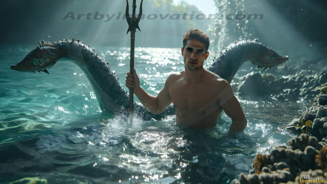 AI-generated HD photos featuring Mermen, The Warriors of the Sea. A collection of over 1,000 AI generated photo images of Mermen Warriors. Shirtless men from all age groups, with slim builds to hot and sexy, muscular body types, and from teenaged boys, to young men, to the handsome Elders. Merman warriors rising from a whirlpool, with a trident in hand, set against a stormy backdrop with dramatic lighting. Vibrant coral reefs, with detailed underwater scenes, highly realistic, with obsidian scales, that shimmer in the sunlight.