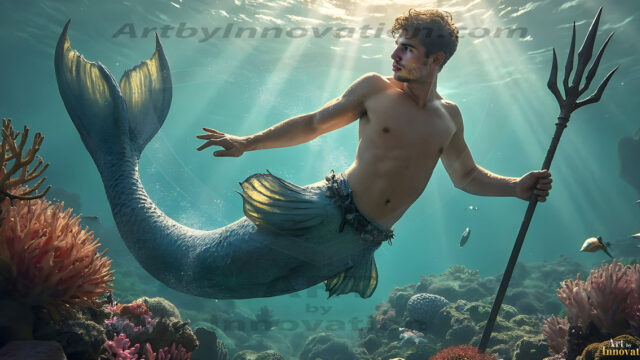 AI-generated HD photos featuring Mermen, The Warriors of the Sea. A collection of over 1,000 AI generated photo images of Mermen Warriors. Shirtless men from all age groups, with slim builds to hot and sexy, muscular body types, and from teenaged boys, to young men, to the handsome Elders. Merman warriors rising from a whirlpool, with a trident in hand, set against a stormy backdrop with dramatic lighting. Vibrant coral reefs, with detailed underwater scenes, highly realistic, with obsidian scales, that shimmer in the sunlight.
