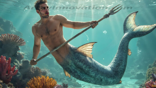 AI-generated HD photos featuring Mermen, The Warriors of the Sea. A collection of over 1,000 AI generated photo images of Mermen Warriors. Shirtless men from all age groups, with slim builds to hot and sexy, muscular body types, and from teenaged boys, to young men, to the handsome Elders. Merman warriors rising from a whirlpool, with a trident in hand, set against a stormy backdrop with dramatic lighting. Vibrant coral reefs, with detailed underwater scenes, highly realistic, with obsidian scales, that shimmer in the sunlight.