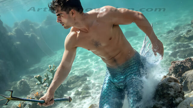 AI-generated HD photos featuring Mermen, The Warriors of the Sea. A collection of over 1,000 AI generated photo images of Mermen Warriors. Shirtless men from all age groups, with slim builds to hot and sexy, muscular body types, and from teenaged boys, to young men, to the handsome Elders. Merman warriors rising from a whirlpool, with a trident in hand, set against a stormy backdrop with dramatic lighting. Vibrant coral reefs, with detailed underwater scenes, highly realistic, with obsidian scales, that shimmer in the sunlight.