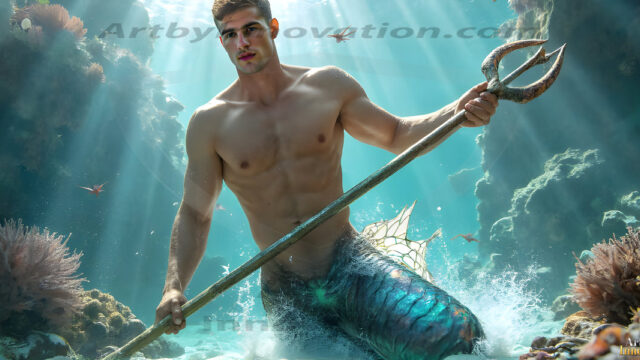 AI-generated HD photos featuring Mermen, The Warriors of the Sea. A collection of over 1,000 AI generated photo images of Mermen Warriors. Shirtless men from all age groups, with slim builds to hot and sexy, muscular body types, and from teenaged boys, to young men, to the handsome Elders. Merman warriors rising from a whirlpool, with a trident in hand, set against a stormy backdrop with dramatic lighting. Vibrant coral reefs, with detailed underwater scenes, highly realistic, with obsidian scales, that shimmer in the sunlight.