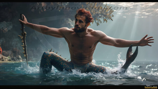 AI-generated HD photos featuring Mermen, The Warriors of the Sea. A collection of over 1,000 AI generated photo images of Mermen Warriors. Shirtless men from all age groups, with slim builds to hot and sexy, muscular body types, and from teenaged boys, to young men, to the handsome Elders. Merman warriors rising from a whirlpool, with a trident in hand, set against a stormy backdrop with dramatic lighting. Vibrant coral reefs, with detailed underwater scenes, highly realistic, with obsidian scales, that shimmer in the sunlight.