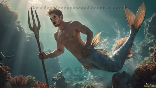 AI-generated HD photos featuring Mermen, The Warriors of the Sea. A collection of over 1,000 AI generated photo images of Mermen Warriors. Shirtless men from all age groups, with slim builds to hot and sexy, muscular body types, and from teenaged boys, to young men, to the handsome Elders. Merman warriors rising from a whirlpool, with a trident in hand, set against a stormy backdrop with dramatic lighting. Vibrant coral reefs, with detailed underwater scenes, highly realistic, with obsidian scales, that shimmer in the sunlight.