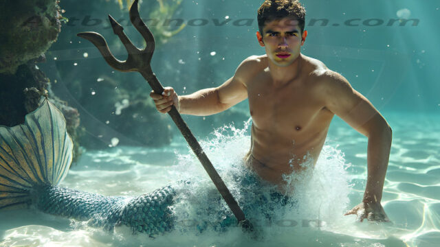 AI-generated HD photos featuring Mermen, The Warriors of the Sea. A collection of over 1,000 AI generated photo images of Mermen Warriors. Shirtless men from all age groups, with slim builds to hot and sexy, muscular body types, and from teenaged boys, to young men, to the handsome Elders. Merman warriors rising from a whirlpool, with a trident in hand, set against a stormy backdrop with dramatic lighting. Vibrant coral reefs, with detailed underwater scenes, highly realistic, with obsidian scales, that shimmer in the sunlight.