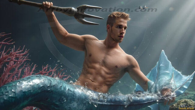 AI-generated HD photos featuring Mermen, The Warriors of the Sea. A collection of over 1,000 AI generated photo images of Mermen Warriors. Shirtless men from all age groups, with slim builds to hot and sexy, muscular body types, and from teenaged boys, to young men, to the handsome Elders. Merman warriors rising from a whirlpool, with a trident in hand, set against a stormy backdrop with dramatic lighting. Vibrant coral reefs, with detailed underwater scenes, highly realistic, with obsidian scales, that shimmer in the sunlight.