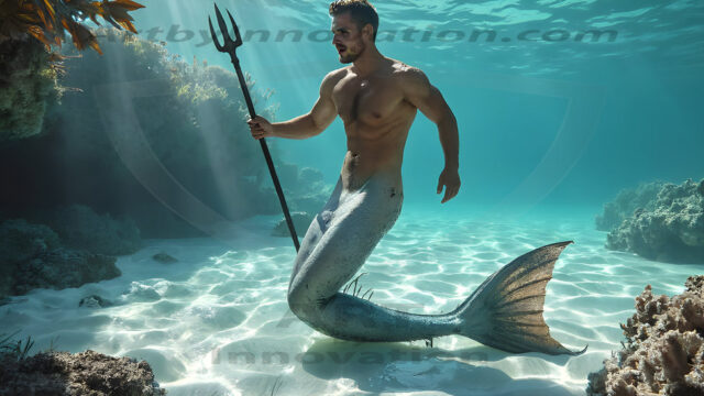 AI-generated HD photos featuring Mermen, The Warriors of the Sea. A collection of over 1,000 AI generated photo images of Mermen Warriors. Shirtless men from all age groups, with slim builds to hot and sexy, muscular body types, and from teenaged boys, to young men, to the handsome Elders. Merman warriors rising from a whirlpool, with a trident in hand, set against a stormy backdrop with dramatic lighting. Vibrant coral reefs, with detailed underwater scenes, highly realistic, with obsidian scales, that shimmer in the sunlight.