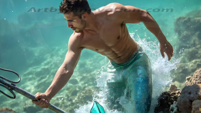 AI-generated HD photos featuring Mermen, The Warriors of the Sea. A collection of over 1,000 AI generated photo images of Mermen Warriors. Shirtless men from all age groups, with slim builds to hot and sexy, muscular body types, and from teenaged boys, to young men, to the handsome Elders. Merman warriors rising from a whirlpool, with a trident in hand, set against a stormy backdrop with dramatic lighting. Vibrant coral reefs, with detailed underwater scenes, highly realistic, with obsidian scales, that shimmer in the sunlight.