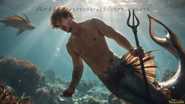 AI-generated HD photos featuring Mermen, The Warriors of the Sea. A collection of over 1,000 AI generated photo images of Mermen Warriors. Shirtless men from all age groups, with slim builds to hot and sexy, muscular body types, and from teenaged boys, to young men, to the handsome Elders. Merman warriors rising from a whirlpool, with a trident in hand, set against a stormy backdrop with dramatic lighting. Vibrant coral reefs, with detailed underwater scenes, highly realistic, with obsidian scales, that shimmer in the sunlight.